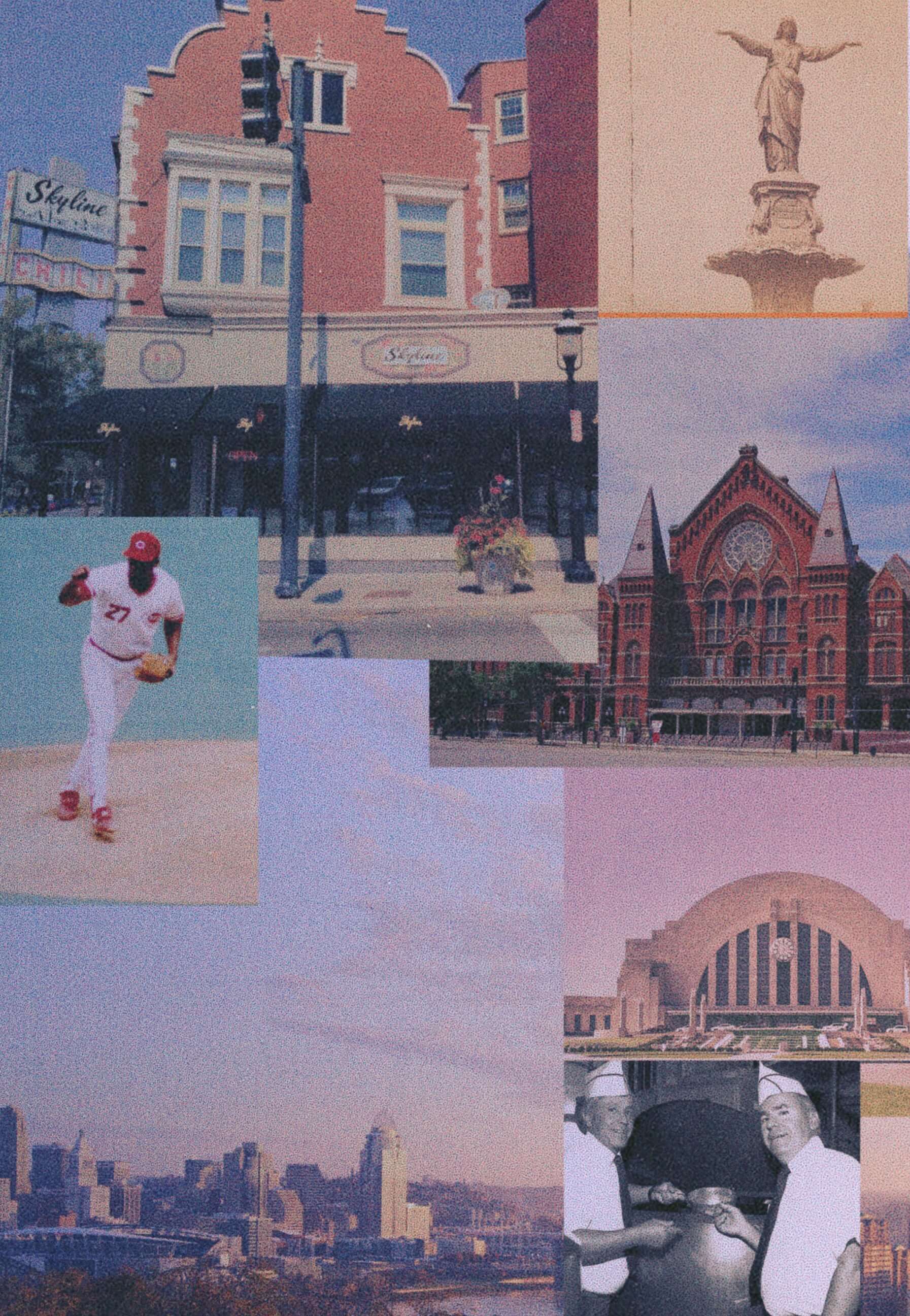Mosaic of historic cincinnati images, including the fountain at Fountain Square, Music Hall, Union Terminal, the cincinnati skyline, Cincinnati reds baseball player, and The Lambrinedes brothers at the chili kettle