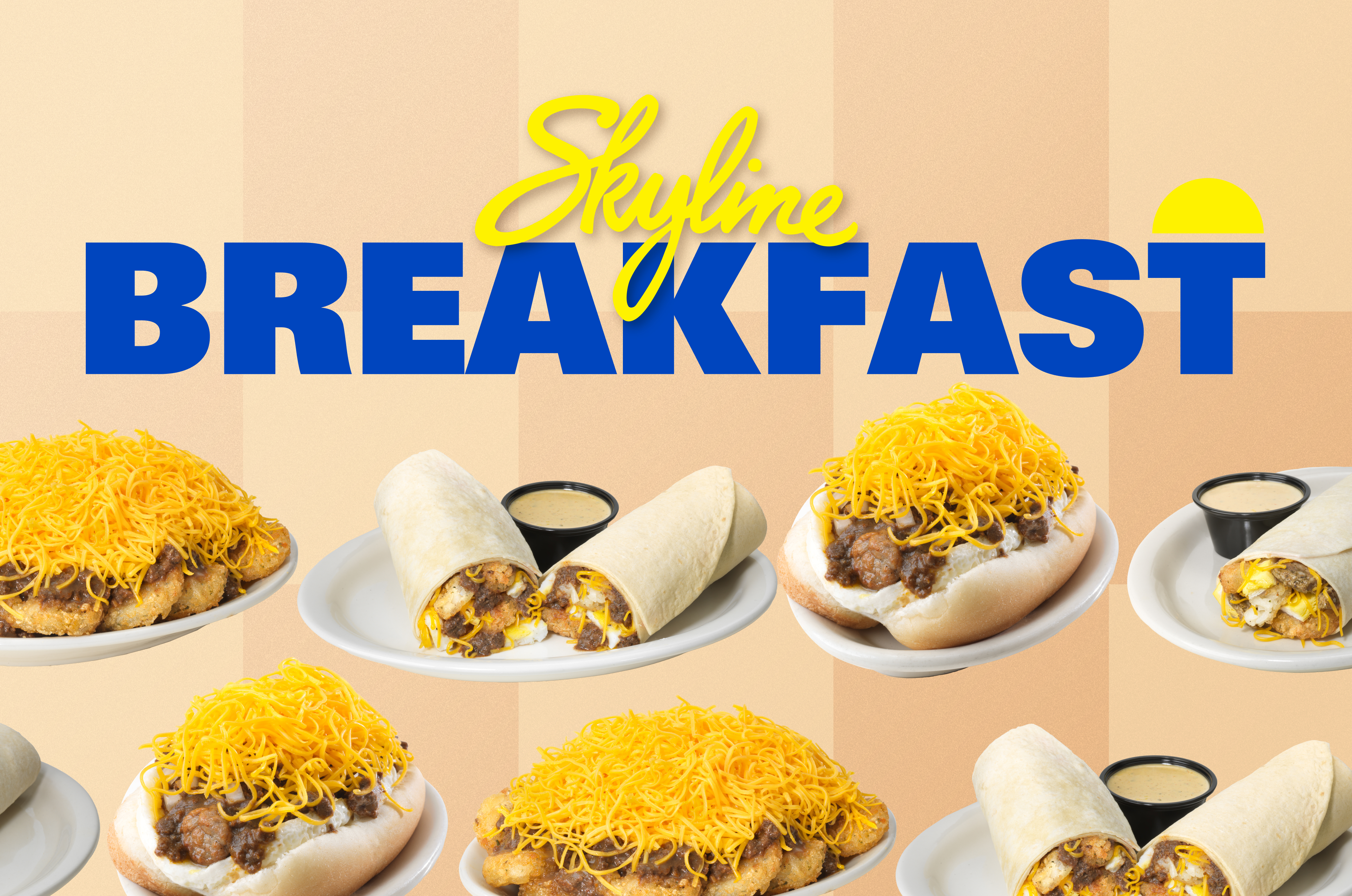 Skyline Breakfast graphic image with photos of breakfast burrito, a hash brown way, and a sausage coney.