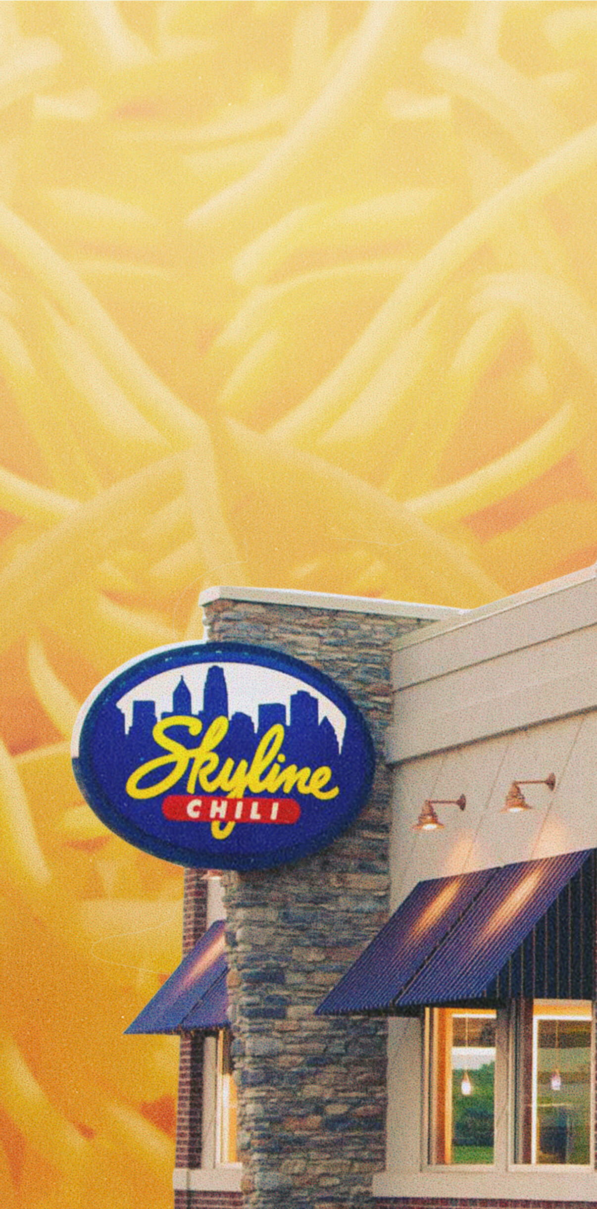 Skyline Chili restaurant on top of a background of shredded cheese