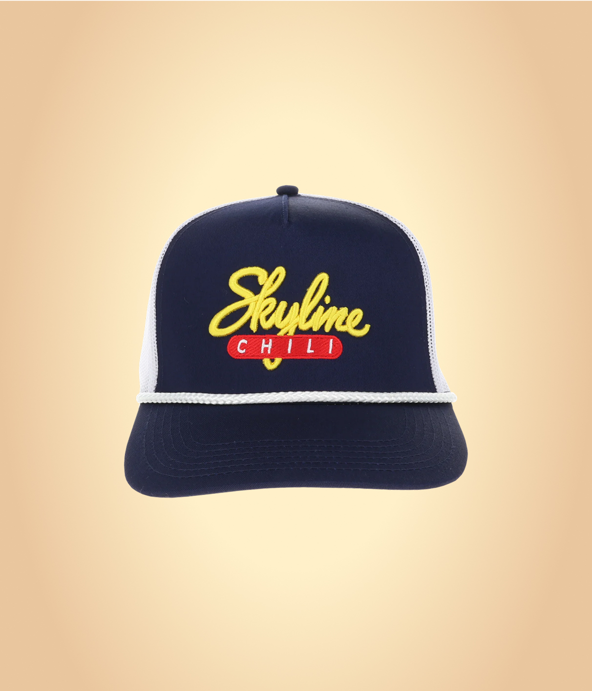 Skyline chili trucker hat, blue hat with white rope across brim
