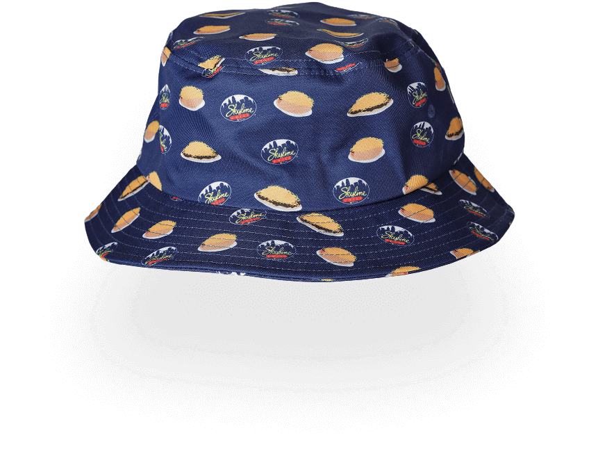 Blue bucket hat with skyline logo, way and coneys repeating pattern